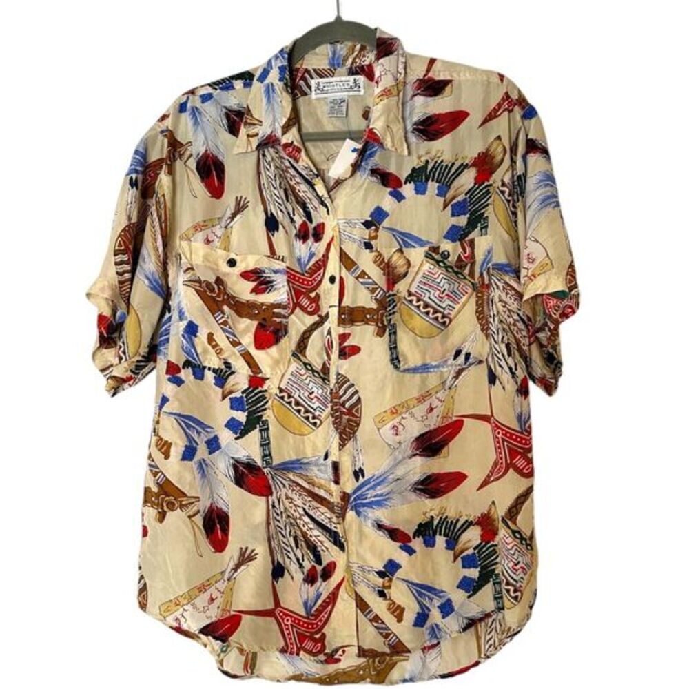 Vintage WHISTLES 100% Silk Shirt Button Up Short Sleeve Native American Sz M‎